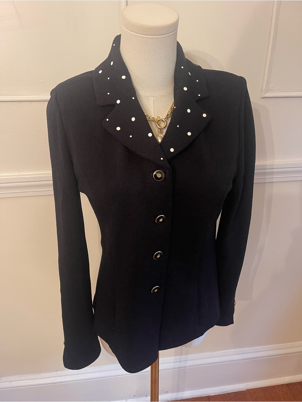 St. John Black Jacket with White Polka Dot Collar